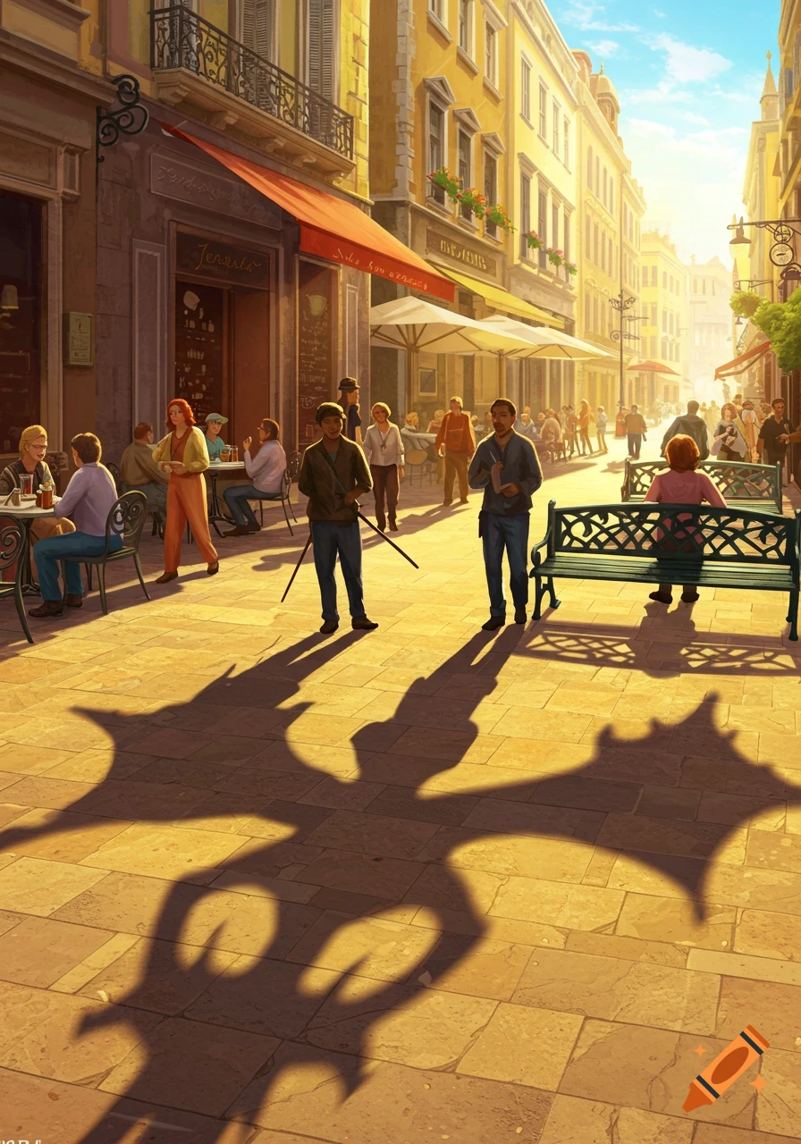 A vibrant city street with people, cafes, and sun-drenched buildings, where human shadows transform into large dragon forms.