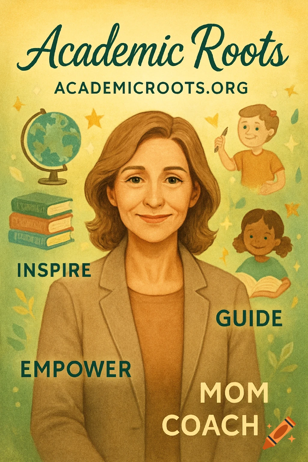 Illustrated flyer with a smiling woman, children, globe, and books. Text: 'Academic Roots', 'Inspire, Guide, Empower, Mom Coach'.