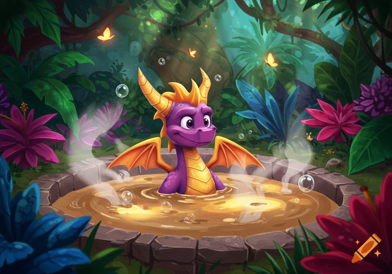 Cartoon Spyro the dragon relaxing happily in a mud hot tub in a lush jungle.