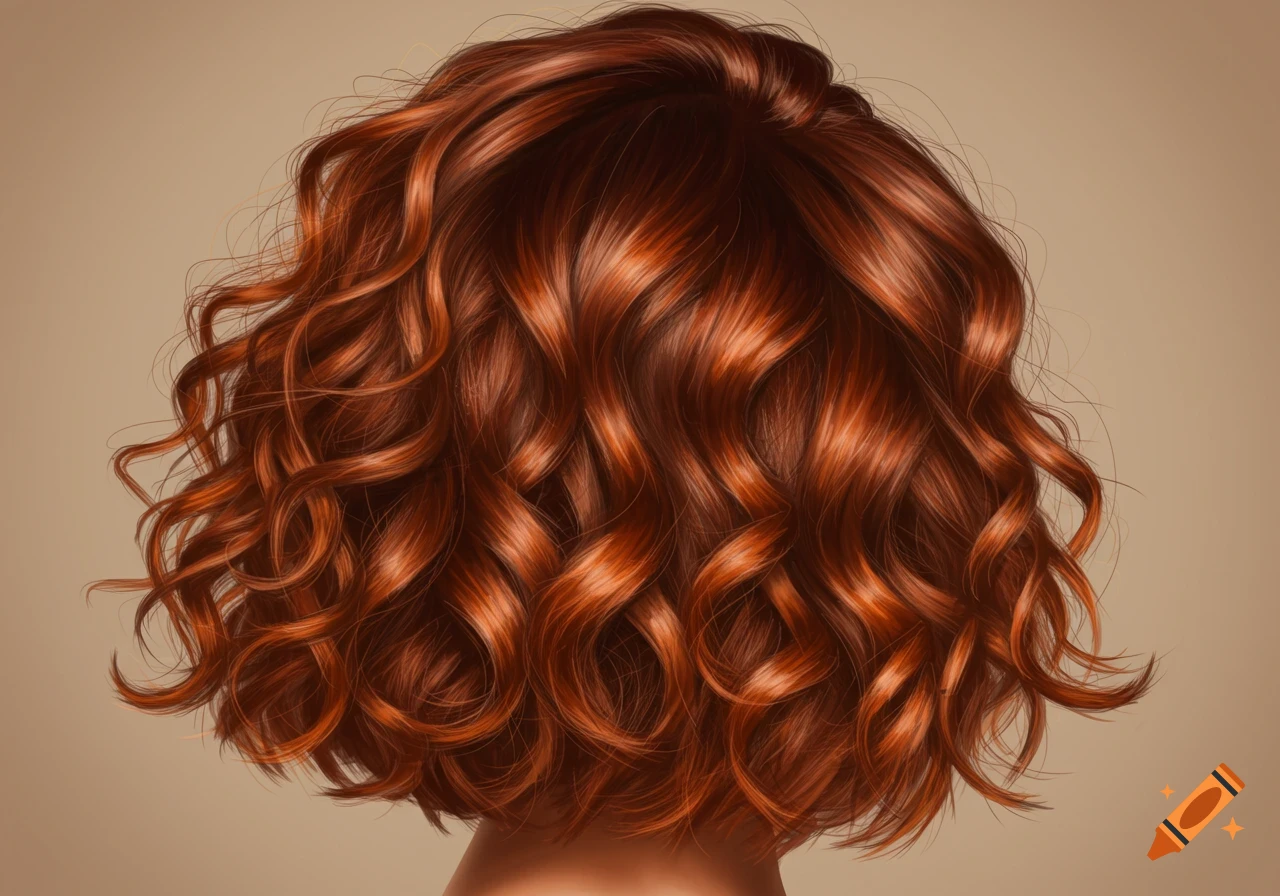 Close-up of the back of a person's head with vibrant red, shoulder-length curly hair with darker roots.