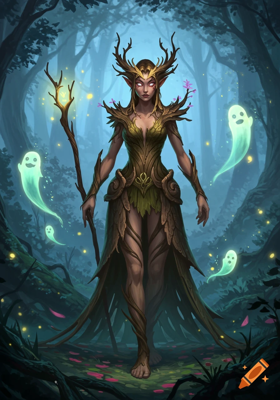 A mystical elf-like woman with antlers and a staff, wearing a leaf gown, stands in a magical forest with glowing spirits, in a fantasy illustration style.