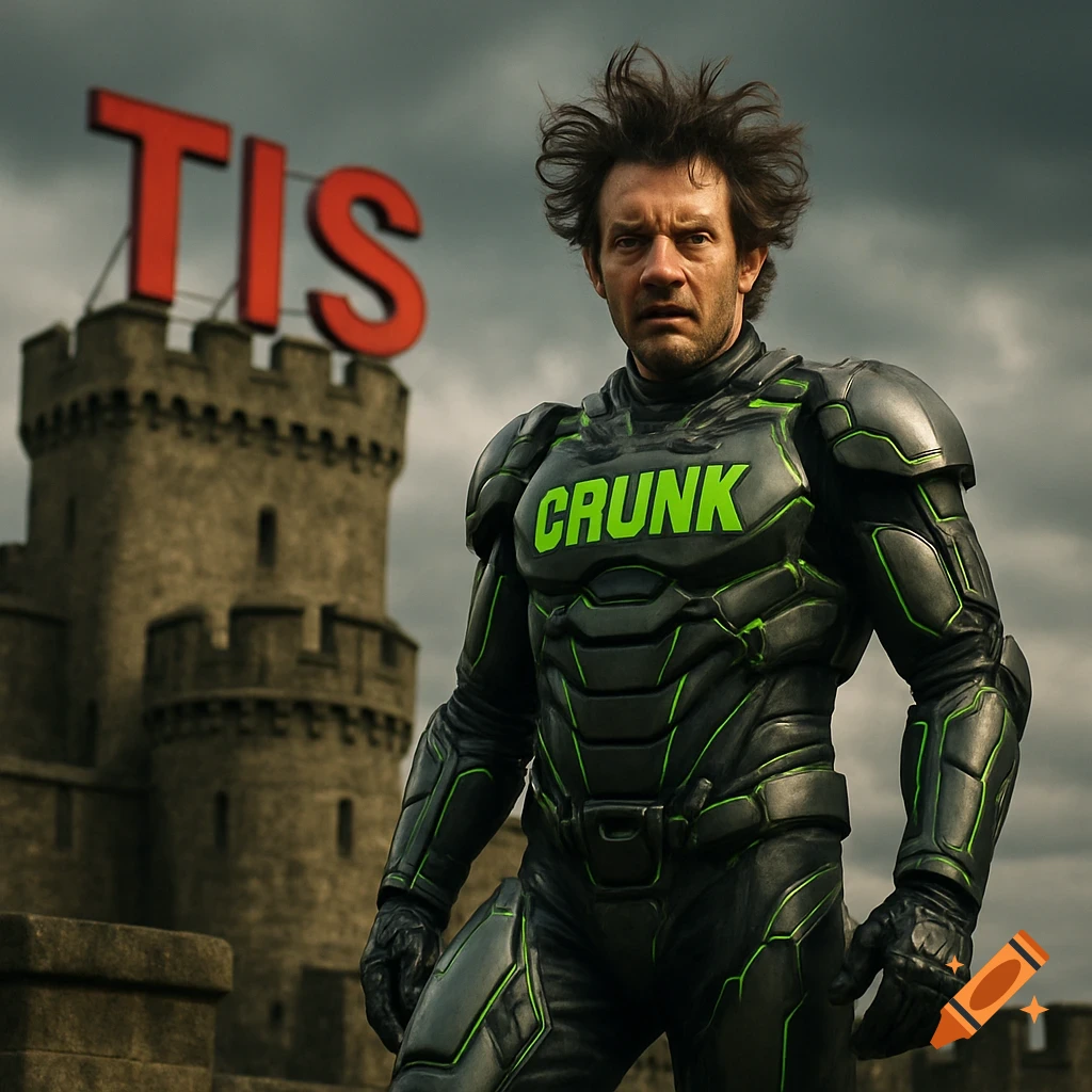 Man in futuristic black and green armor with 'CRUNK' on chest stands before a castle with 'TIS' on top under a cloudy sky.
