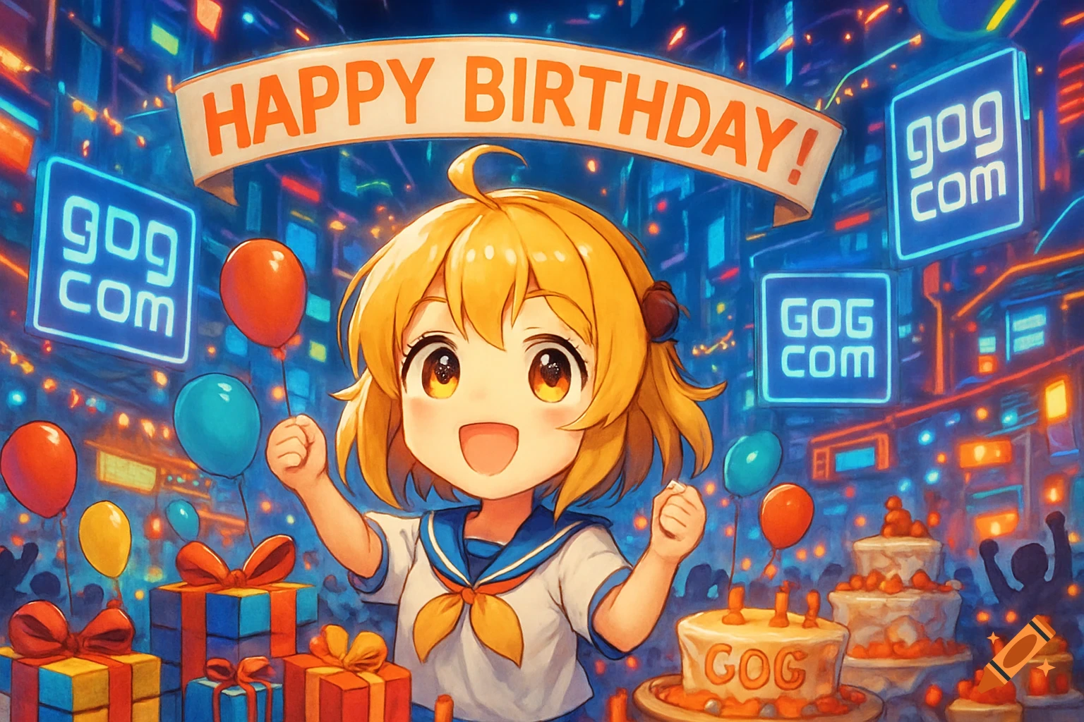 An excited anime girl in a sailor uniform smiles, holding balloons at a birthday party with gifts, cakes, and neon GOG.com signs.