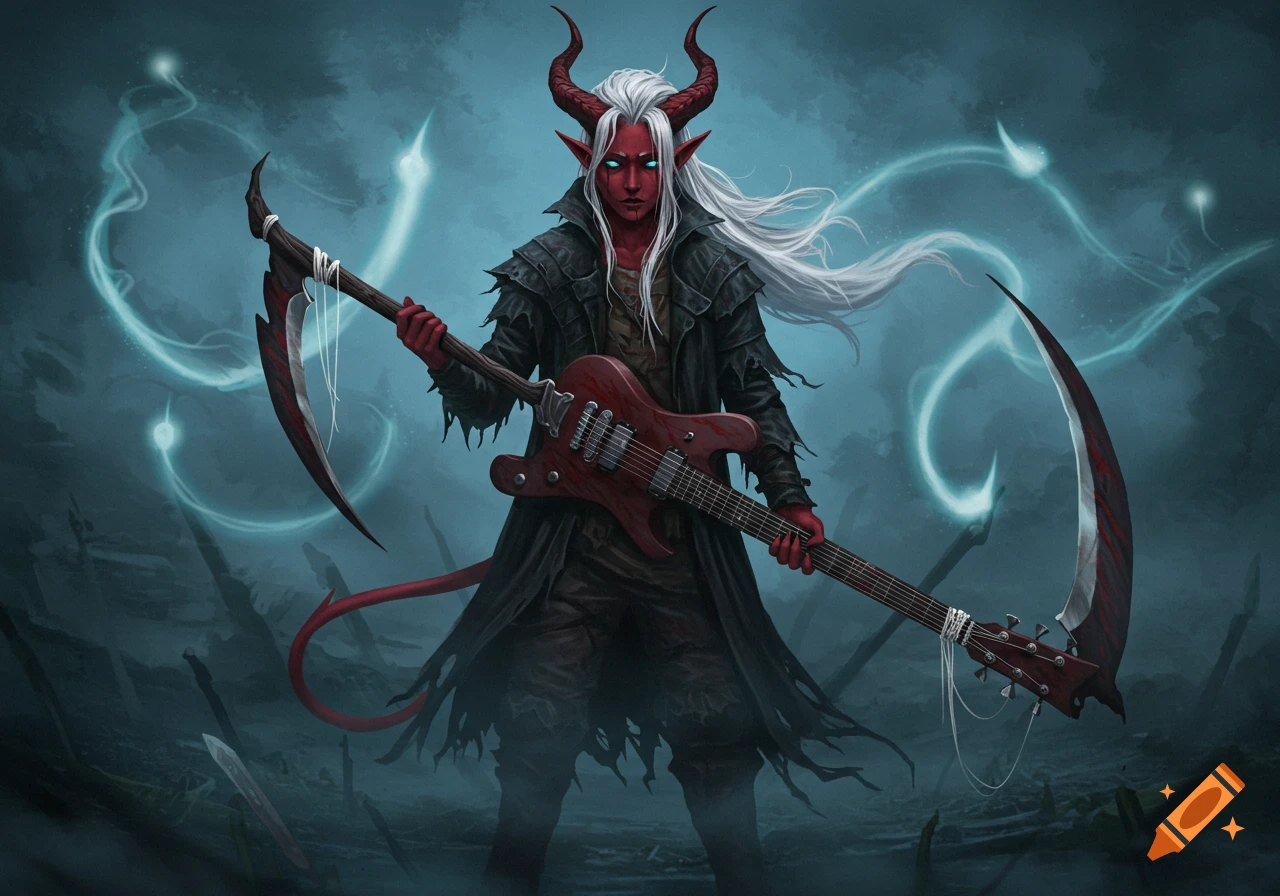A red-skinned tiefling with white hair, red horns, and glowing blue eyes, in a black coat, holds a guitar and scythe.