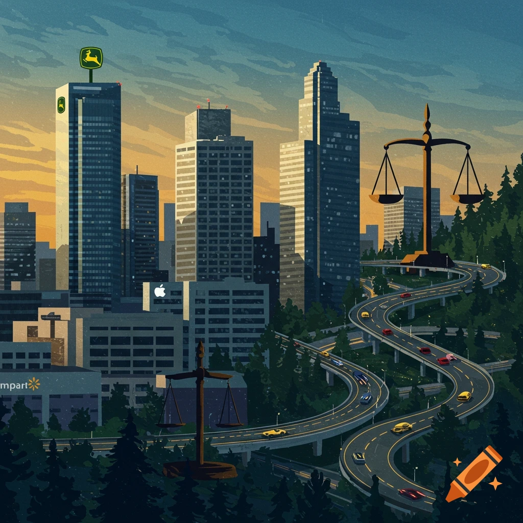 A stylized cityscape at sunset with skyscrapers featuring John Deere and Apple logos. Winding highways ascend a wooded hill with two scales of justice.