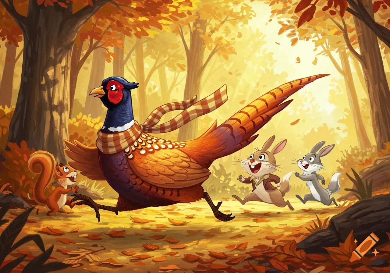 A cartoon pheasant wearing a plaid scarf runs through an autumn forest, playfully chased by two bunnies and a squirrel.