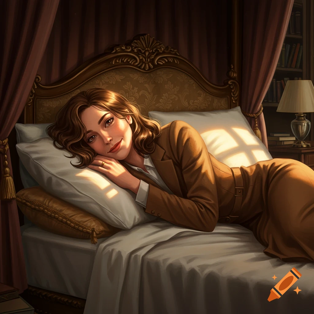 Smiling woman in a brown suit lies on a bed in a luxurious bedroom, sunlight streaming in. Digital illustration.