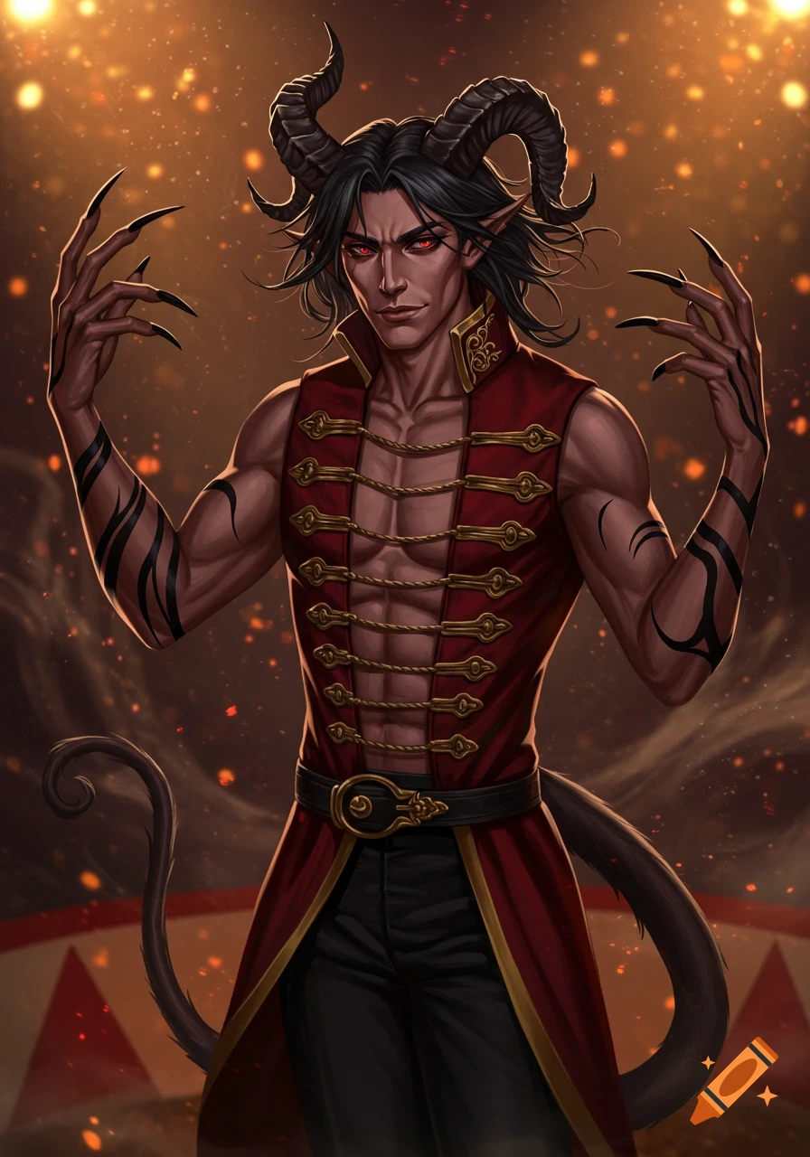 A horned, red-eyed demonic man with claws and a tail, wearing a red circus ringleader jacket, against a glowing, bokeh background.