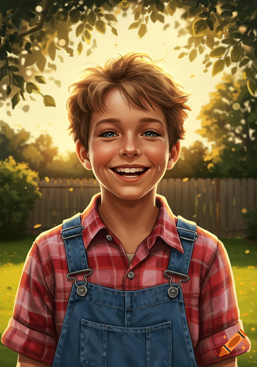 A cheerful boy in a red plaid shirt and blue overalls smiles broadly in a sunlit backyard, illustrated.