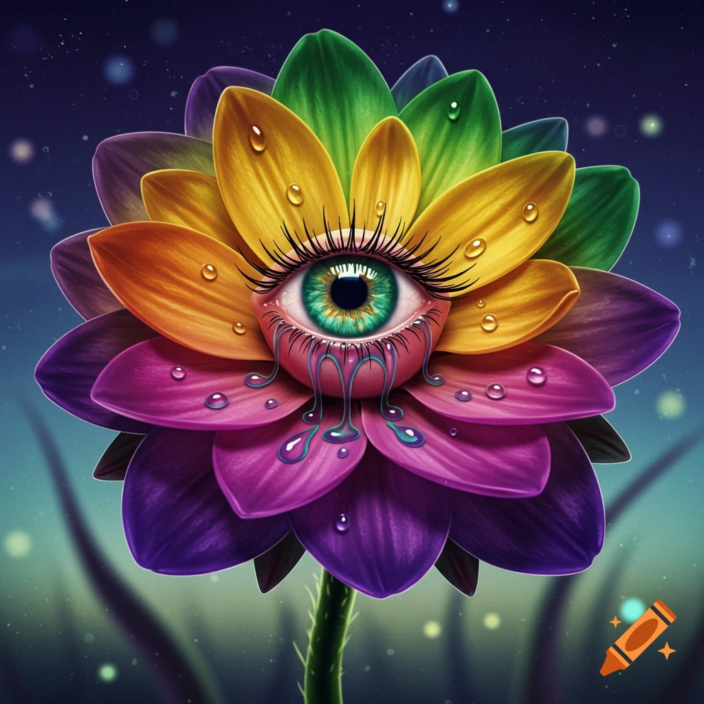 A surreal, vibrant rainbow flower with a detailed green eye as its center, dripping tears, against a dark, starry background. Digital art.