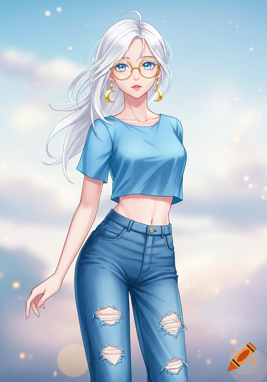 An anime girl with long white hair, gold glasses, and crescent moon earrings wears a blue crop top and ripped jeans.