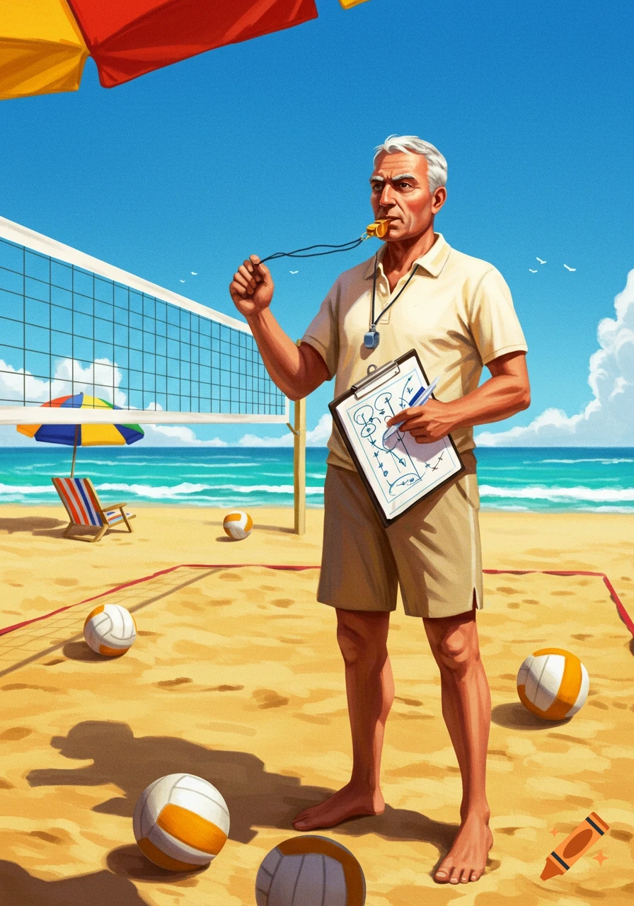 An illustrative image of an older male volleyball coach with a whistle and clipboard on a sandy beach court with volleyballs.