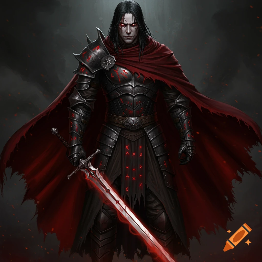 A dark fantasy warrior in black ornate armor and a tattered red cape, with long black hair, glowing red eyes, and a glowing red sword.