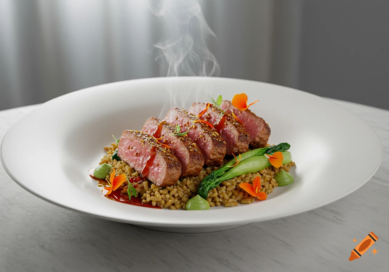 Slices of medium-rare meat with sauce, grains, green vegetables, and orange edible flowers on a white plate, with steam rising.