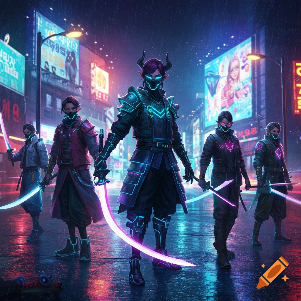 Five demon hunters with glowing swords stand in a rainy, neon-lit cyberpunk city street at night.