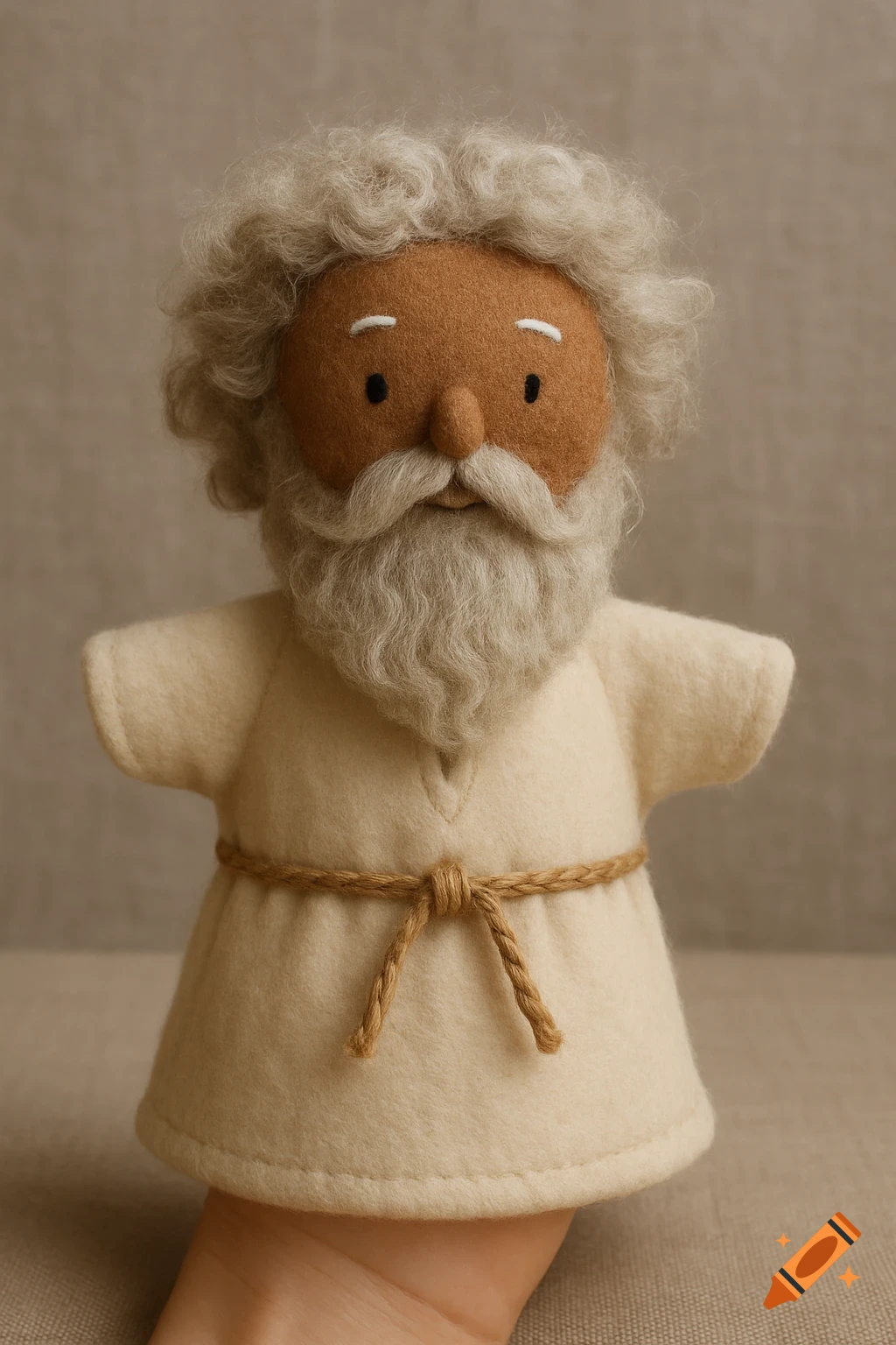 Close-up of a handmade felt puppet of an old man with a brown face, white fluffy hair and beard, wearing a cream tunic with a rope belt.