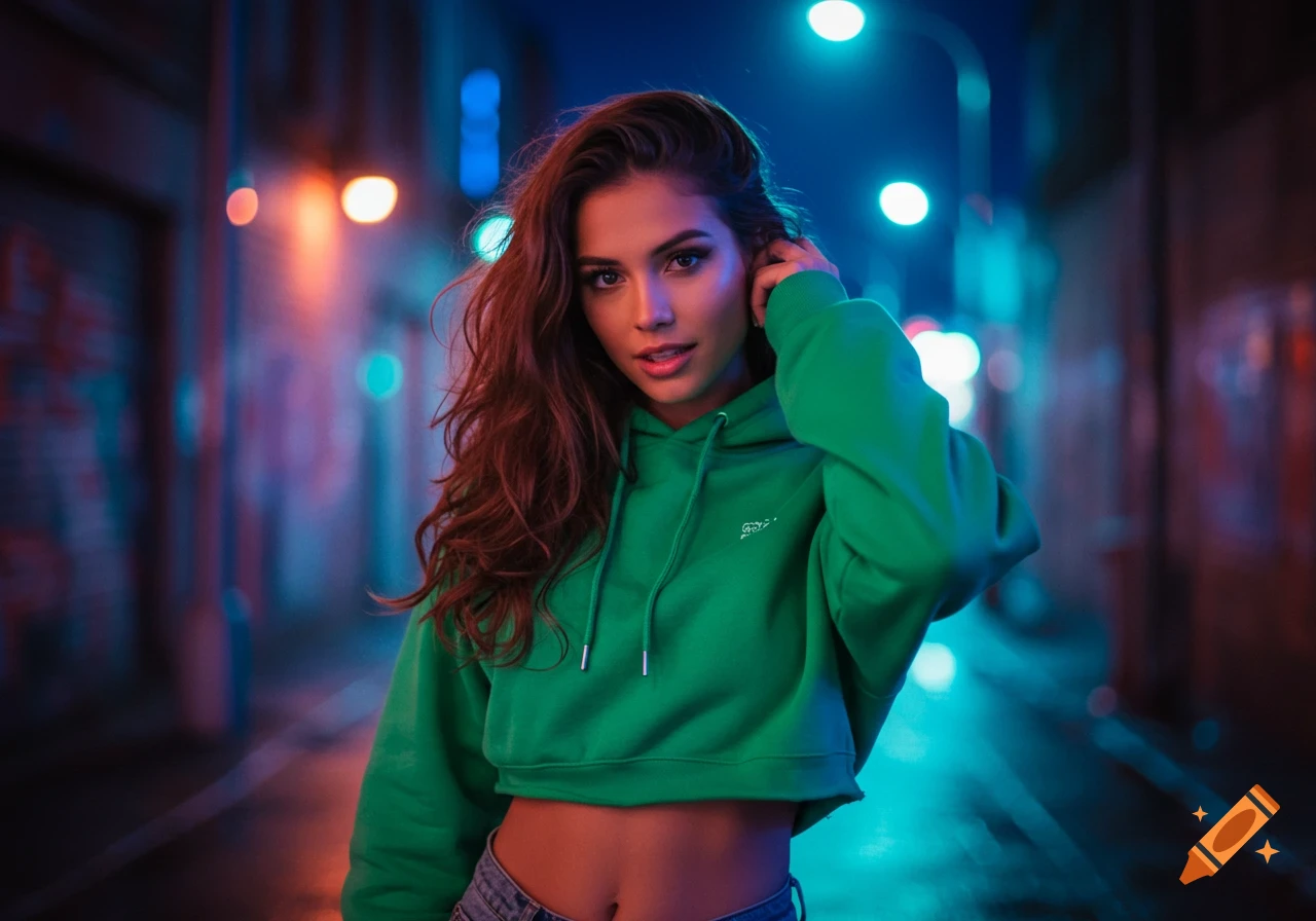A woman with long brown hair, wearing a green cropped hoodie and jeans, stands in a neon-lit urban alley at night.