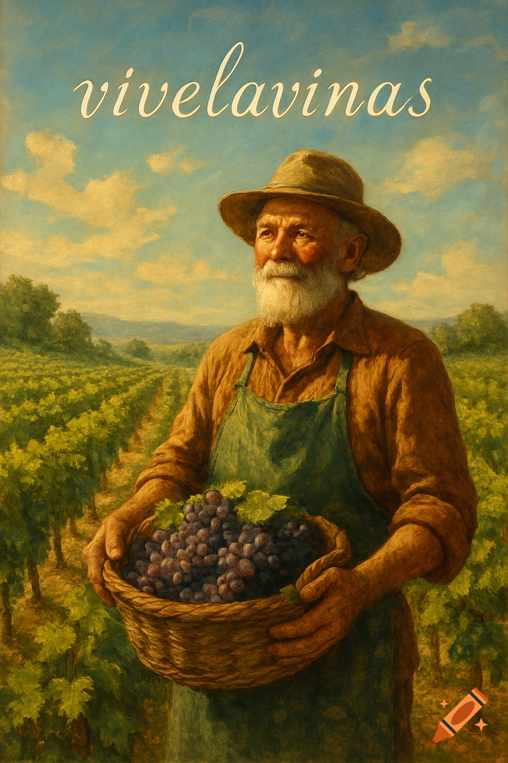 A weathered old vigneron in a hat and apron holds a basket of grapes in a sunlit vineyard, in a painterly style.