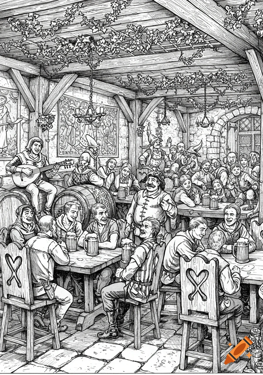 Black and white ink illustration of a lively medieval tavern filled with people drinking, playing music, and conversing.