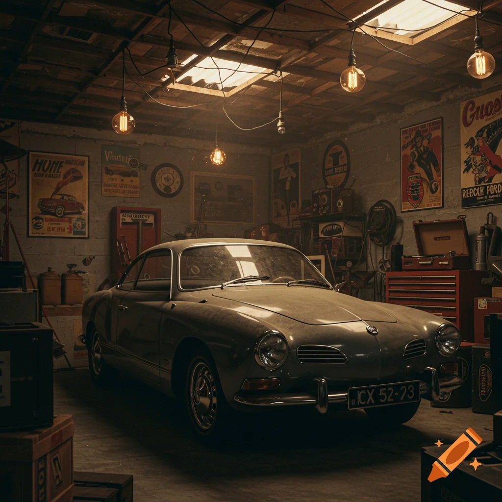 A vintage, dusty Karmann Ghia car sits in a dimly lit, cluttered old garage with hanging Edison bulbs and old posters.