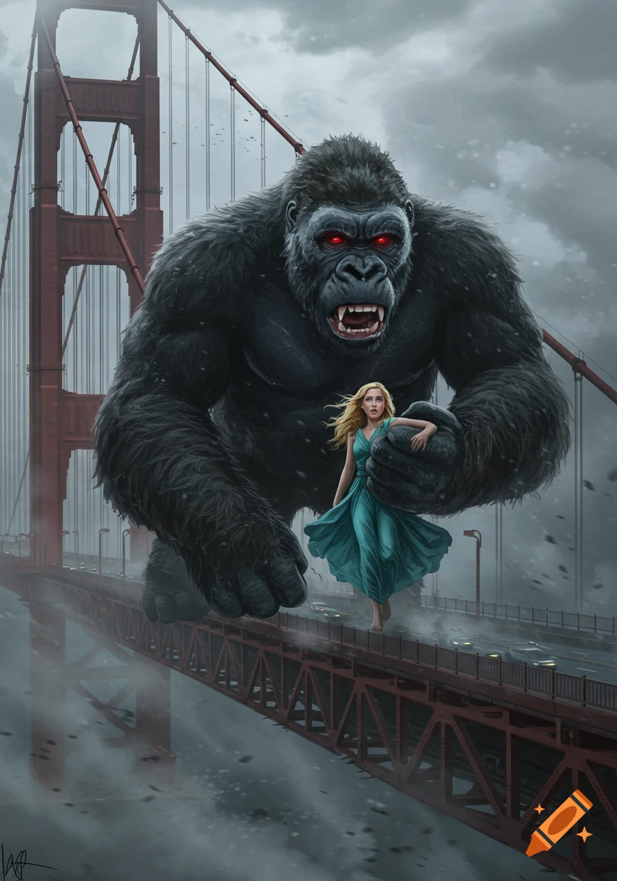 A giant King Kong with red eyes holds a blonde woman in a blue dress on the misty Golden Gate Bridge.