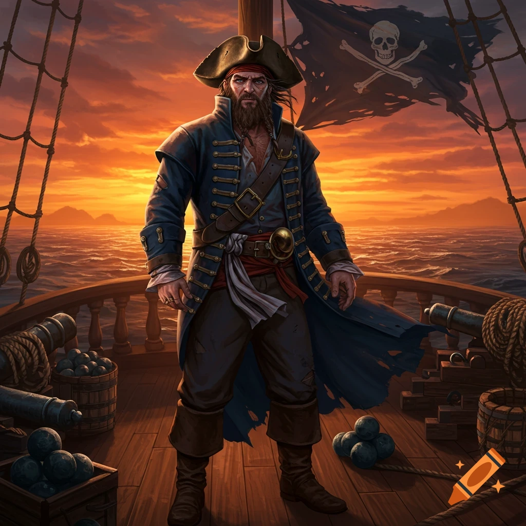 A stern pirate in a blue coat stands on a ship's deck with a tattered Jolly Roger flag at sunset, digital painting.