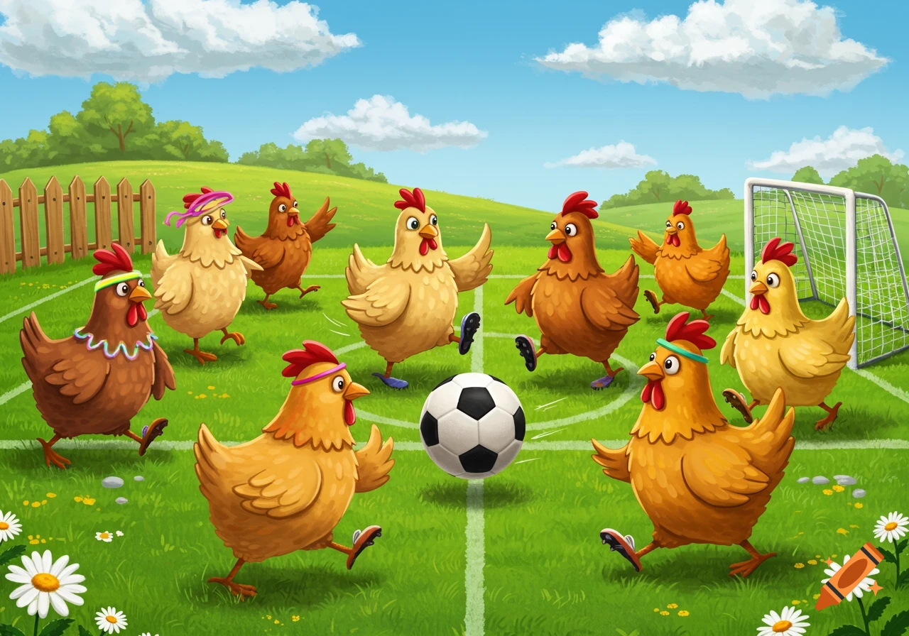 Cartoon chickens wearing headbands and soccer shoes play soccer on a green field with a goal.