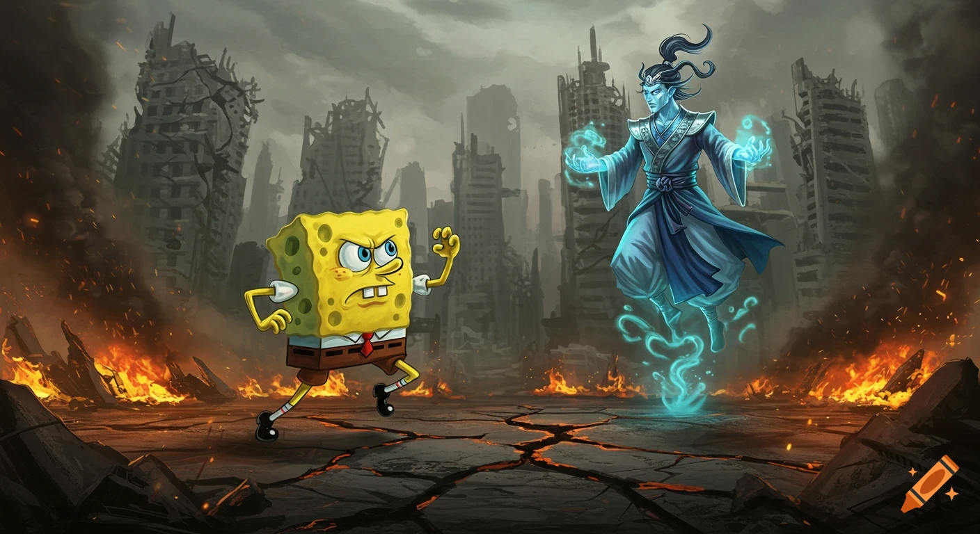 Spongebob angrily confronts a floating blue magic user in a burning, destroyed city.