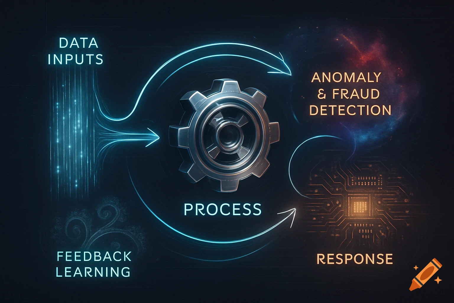 A glowing conceptual data flow diagram with a central gear, data inputs, anomaly & fraud detection, response, and feedback learning.