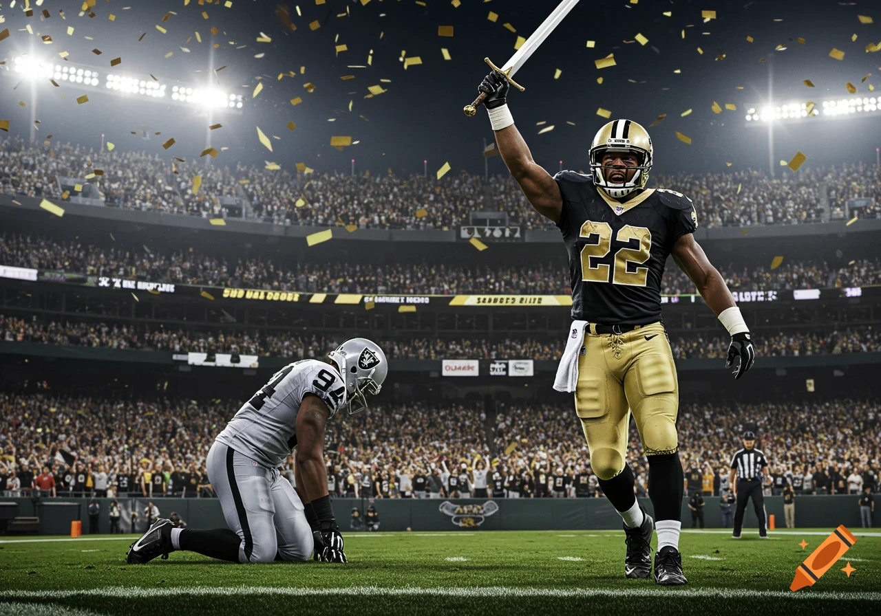 A victorious Saints football player in black and gold raises a sword on the field, while a Raiders player kneels sadly in the foreground.