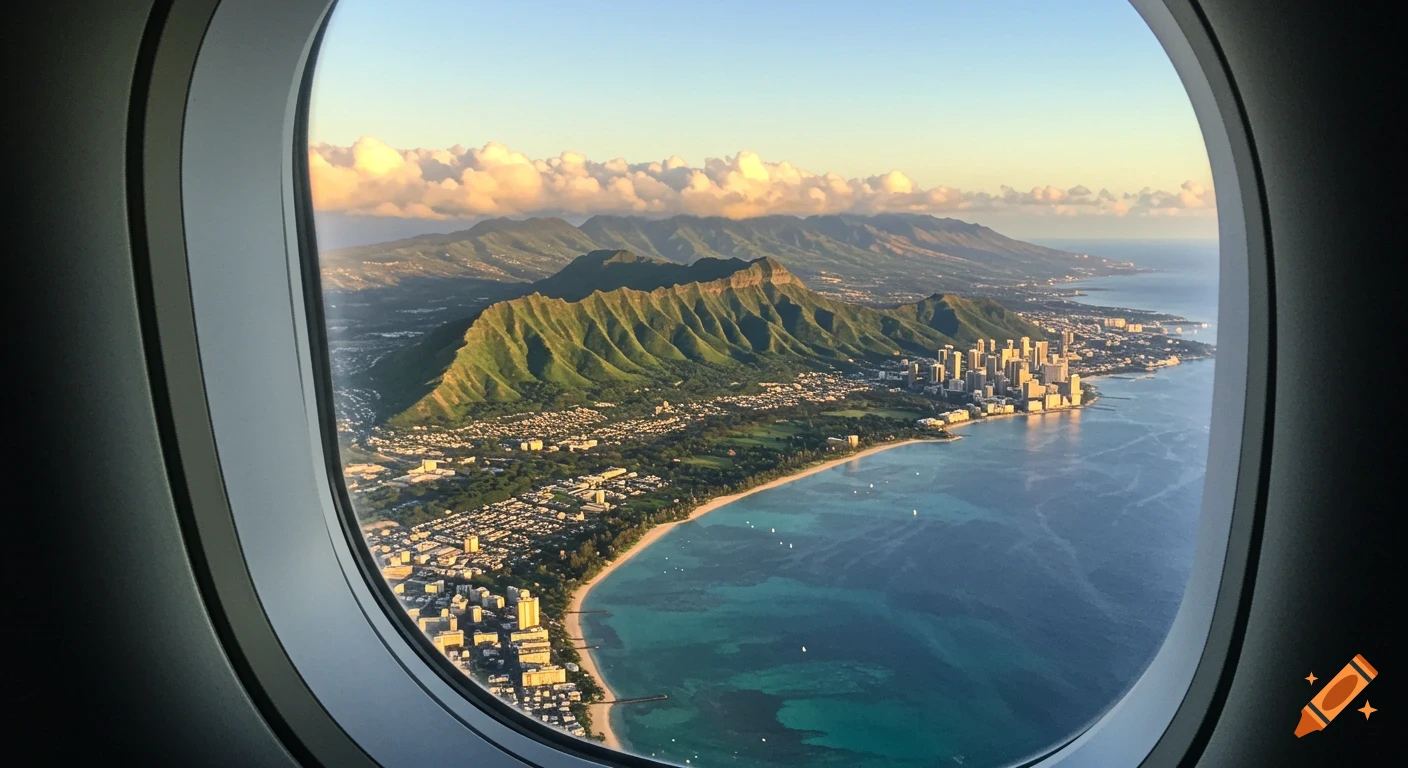 Aerial view of Oahu from an airplane window, showing green mountains, a coastal city, and blue ocean.