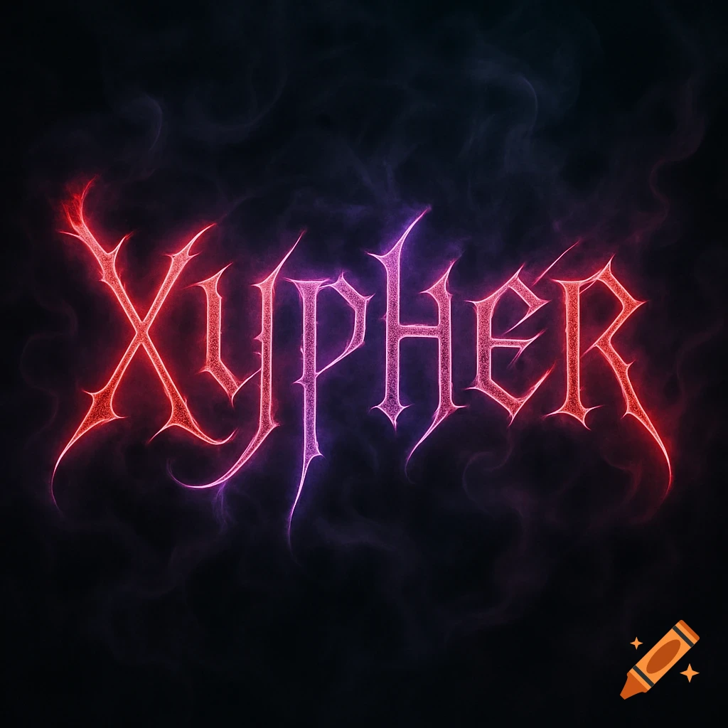 The word 'Xypher' rendered in glowing red and purple neon lights with a sharp, cryptic font on a dark, misty background.