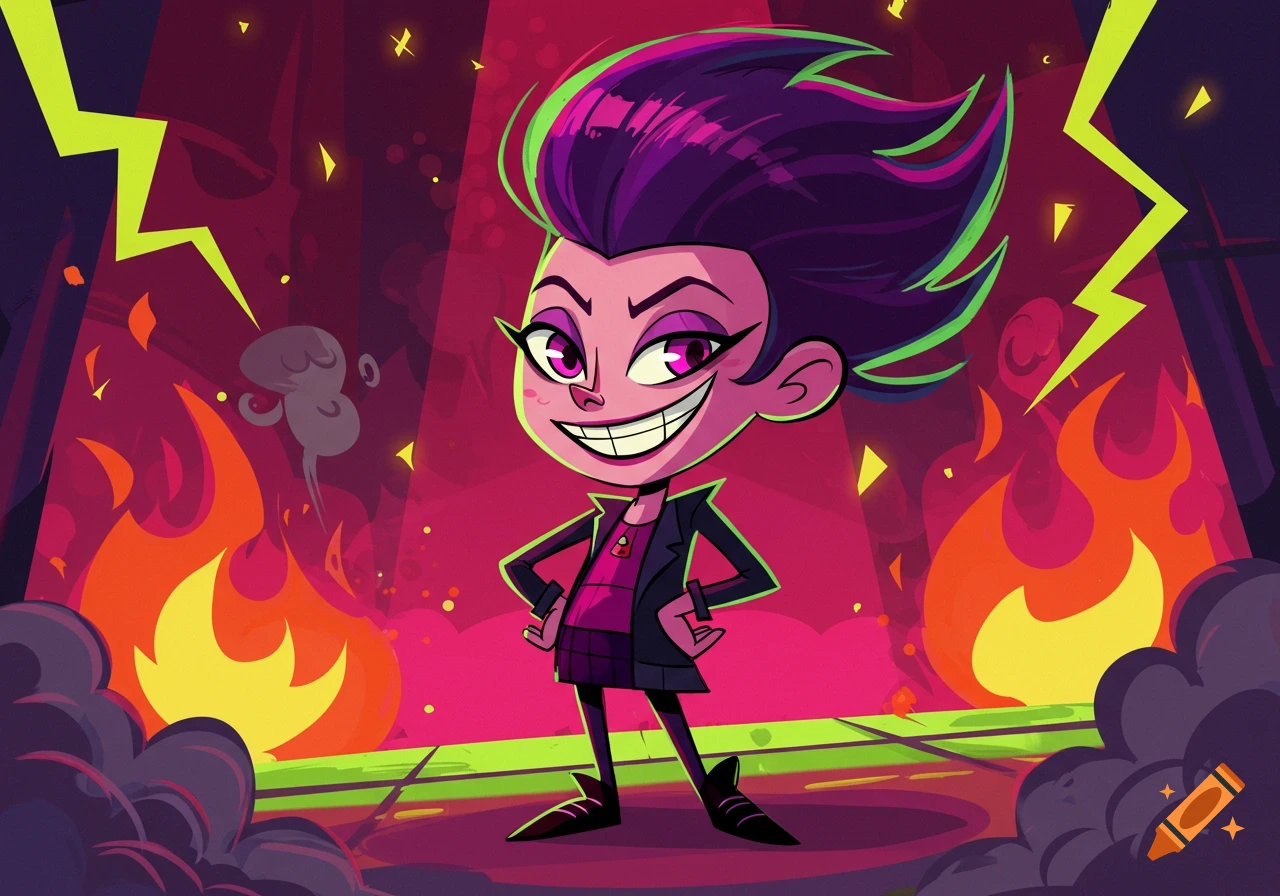 A mischievous cartoon character with purple and green hair, a wide grin, and a dark outfit stands against a fiery background with lightning bolts.