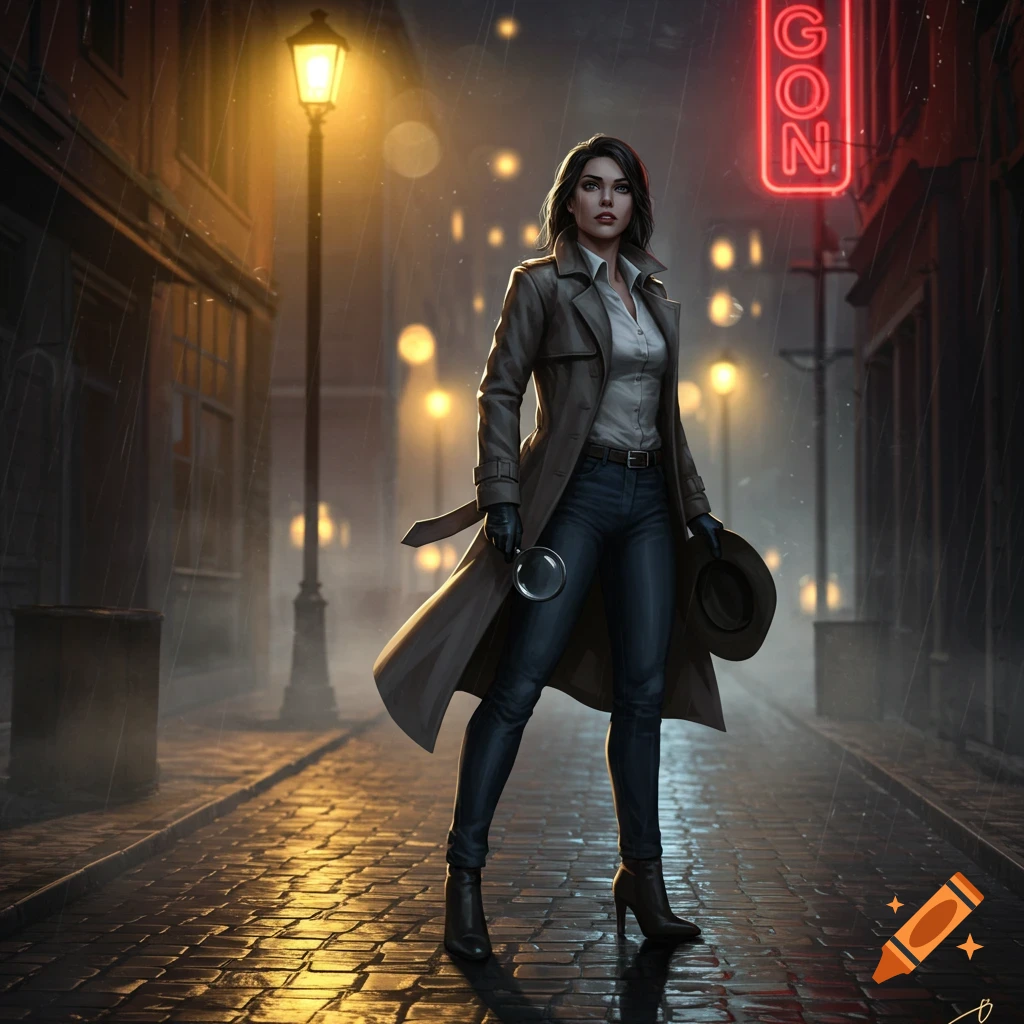 Female detective in a trench coat and jeans stands on a rainy city street at night under a streetlamp and neon sign.
