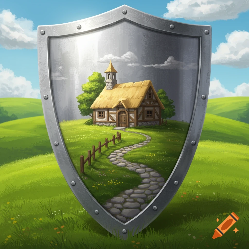 A stylized silver shield features a peaceful landscape with a small thatched-roof house, a stone path, and green hills under a blue sky.