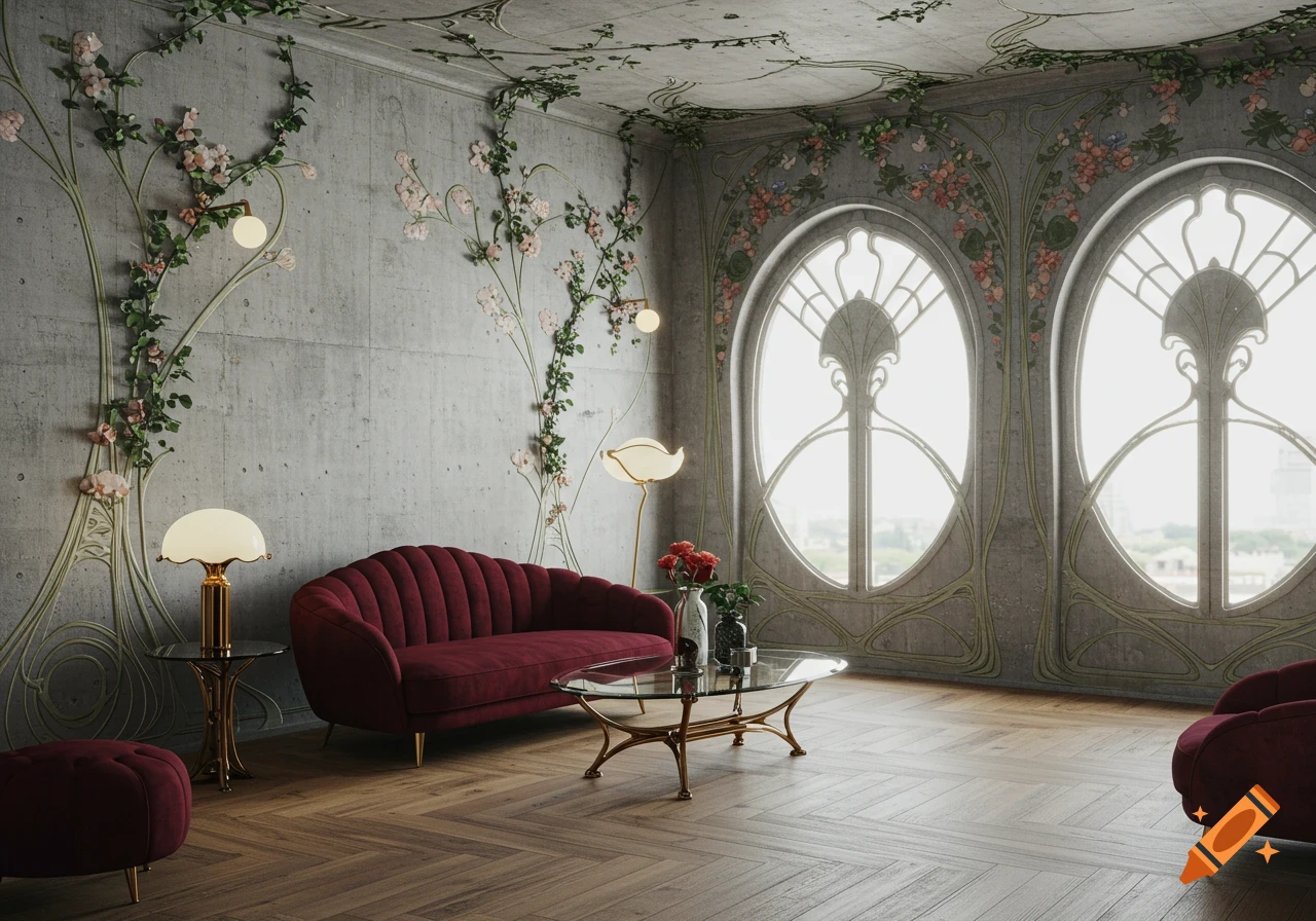Art Nouveau-inspired room with concrete walls, floral vines, ornate windows, a red velvet sofa, lamps, and hardwood floor.