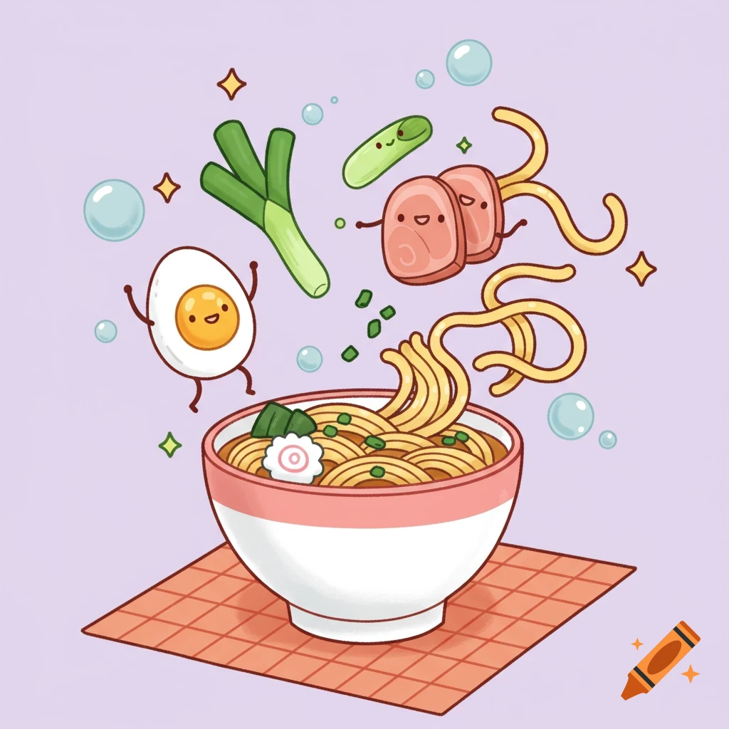 Cute cartoon ramen bowl with floating animated ingredients: egg, scallions, and meat.