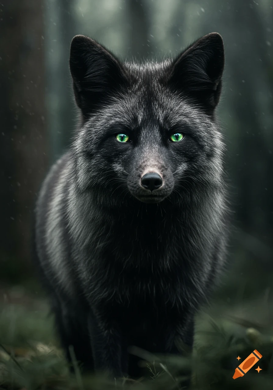 A close-up photorealistic portrait of a black fox with silvery fur and striking green eyes, standing in a dark forest.