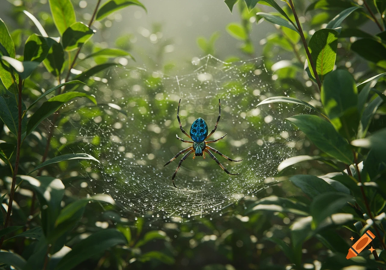 A vibrant blue spider with a patterned abdomen sits on a dew-covered spiderweb amidst lush green foliage, bathed in soft sunlight.
