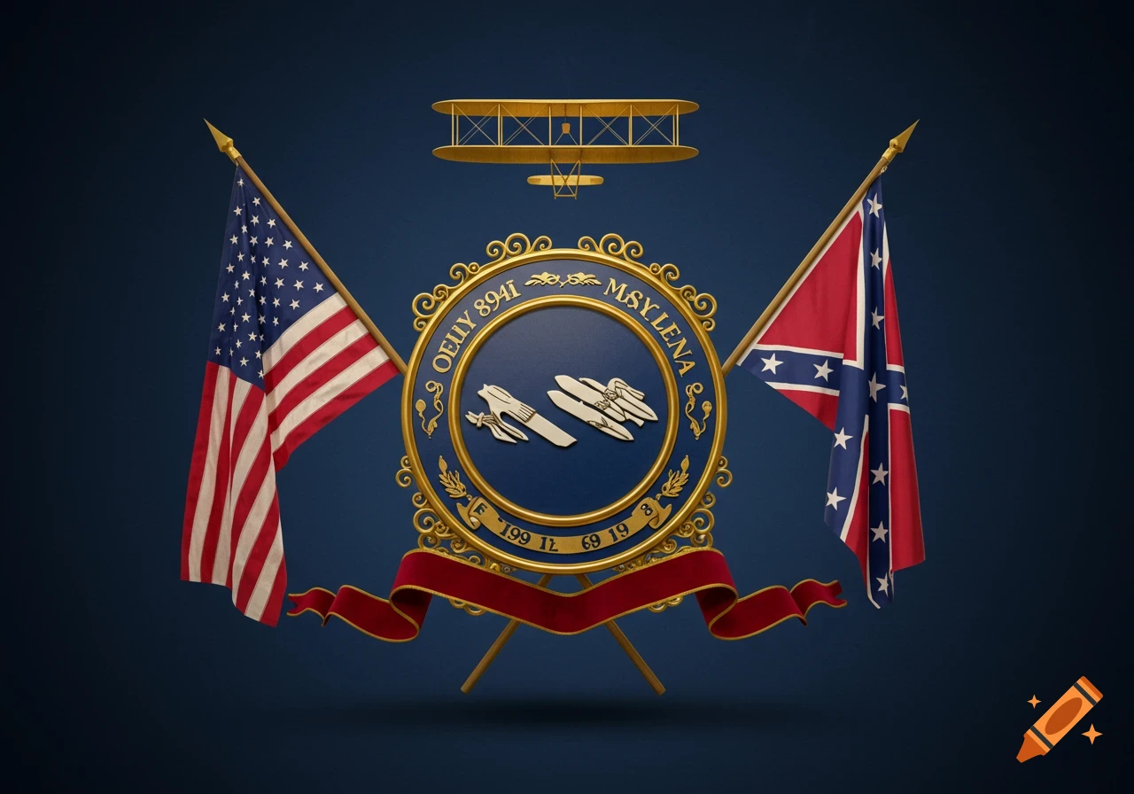A golden emblem with two aircraft flanked by a US flag and a Confederate flag, with a Wright Flyer above, on a dark blue background.
