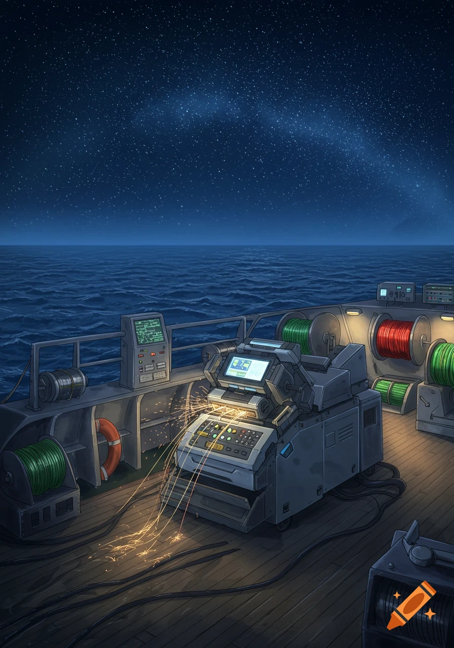 A fiber optic splicing machine on a boat at sea, illuminated by sparks, under a starry night sky.