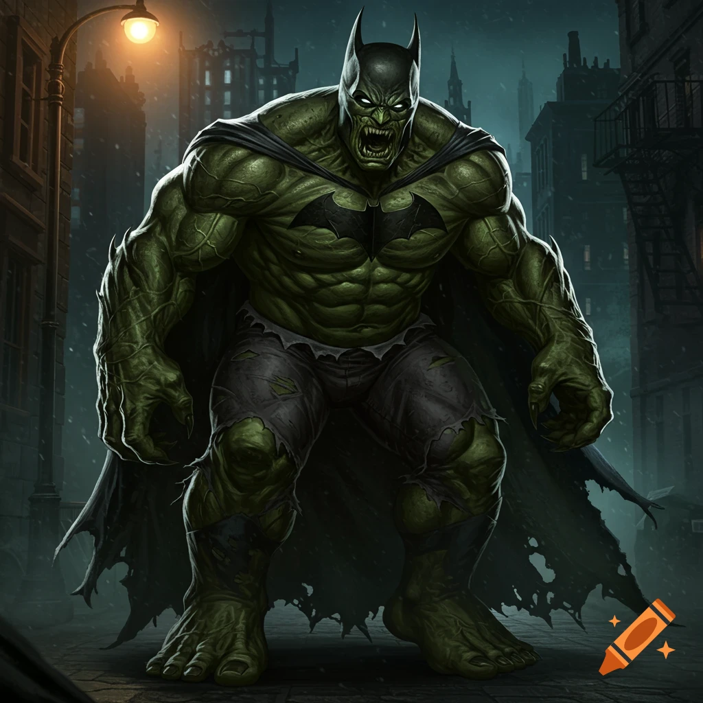 A towering, monstrous green Hulk-Batman fusion in a tattered batsuit stands menacingly on a dark city street, glowing eyes, claws, and horns.