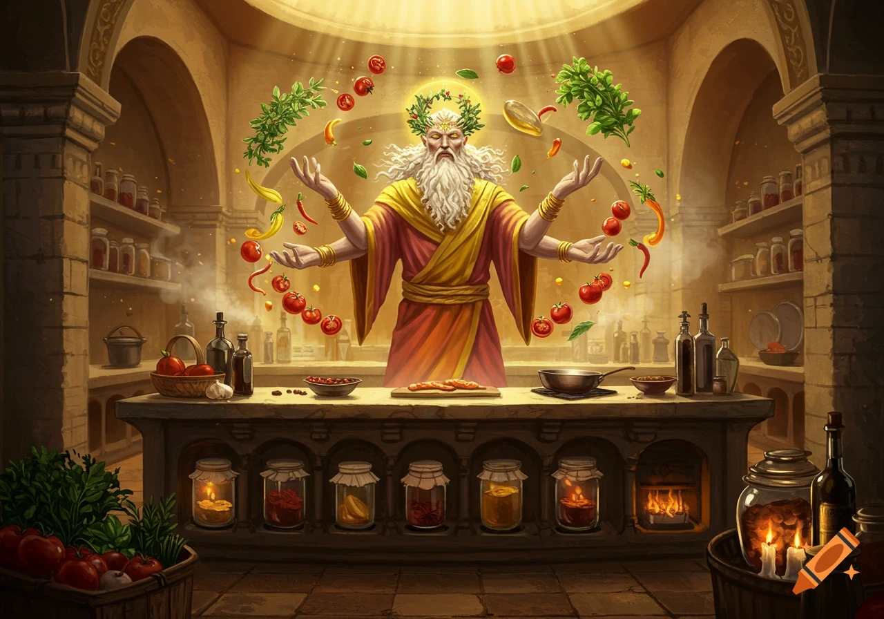 A multi-armed god-like figure with a wreath crown levitates food ingredients in a detailed, rustic kitchen.