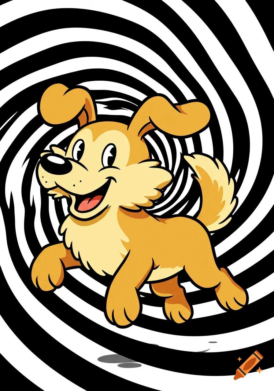 A happy, light brown cartoon dog in a running pose, against a black and white spiral background.