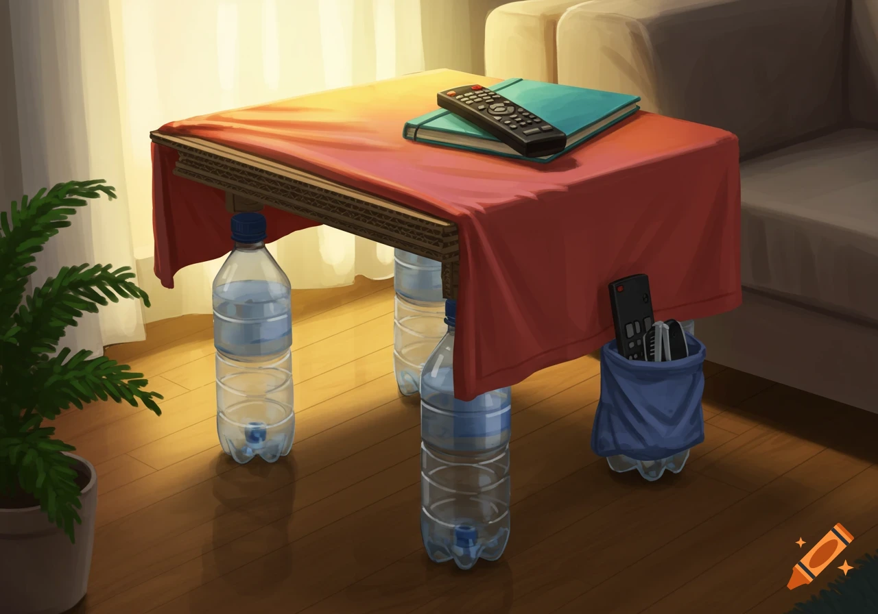A DIY side table made from layered cardboard, a red t-shirt cover, and four plastic bottle legs in a cozy living room, with a remote and notebook on top.
