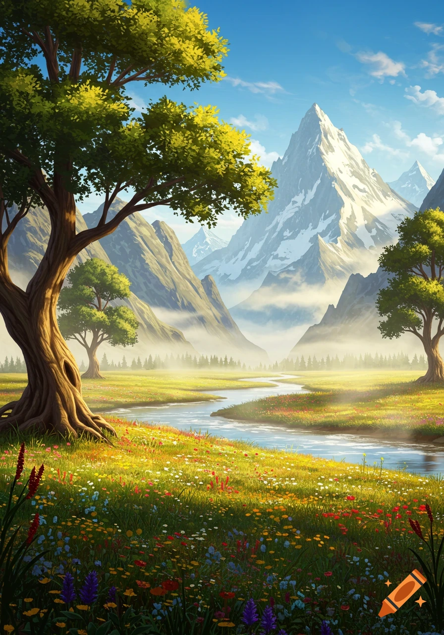 A vibrant, lush landscape with a winding river, towering snow-capped mountains, green trees, and a meadow full of colorful wildflowers.