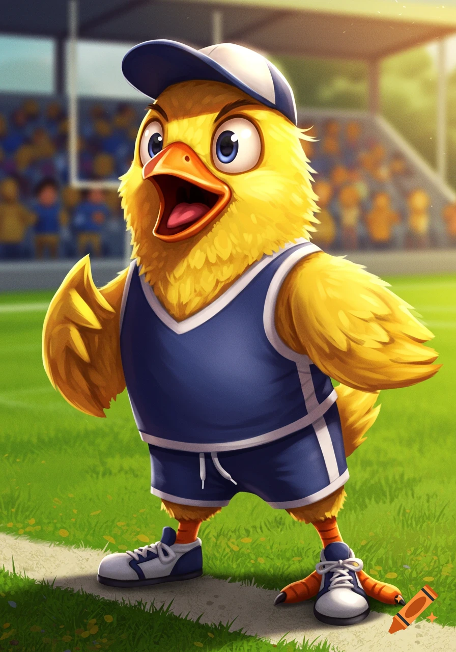 A cartoon chick coach in a blue sports uniform and cap shouts on a green field with a stadium in the background.