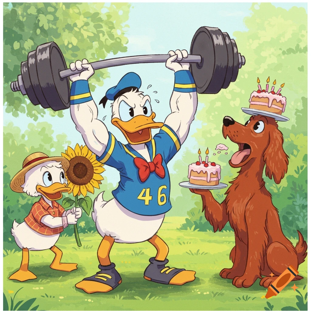 Cartoon Donald Duck lifts weights with "46" on his shirt, as a small duck holds a sunflower and a dog carries birthday cakes.