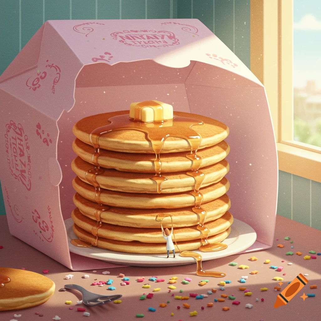 A stack of pancakes with butter and syrup, with a tiny person on it, inside a pink takeout box. Sprinkles on table.