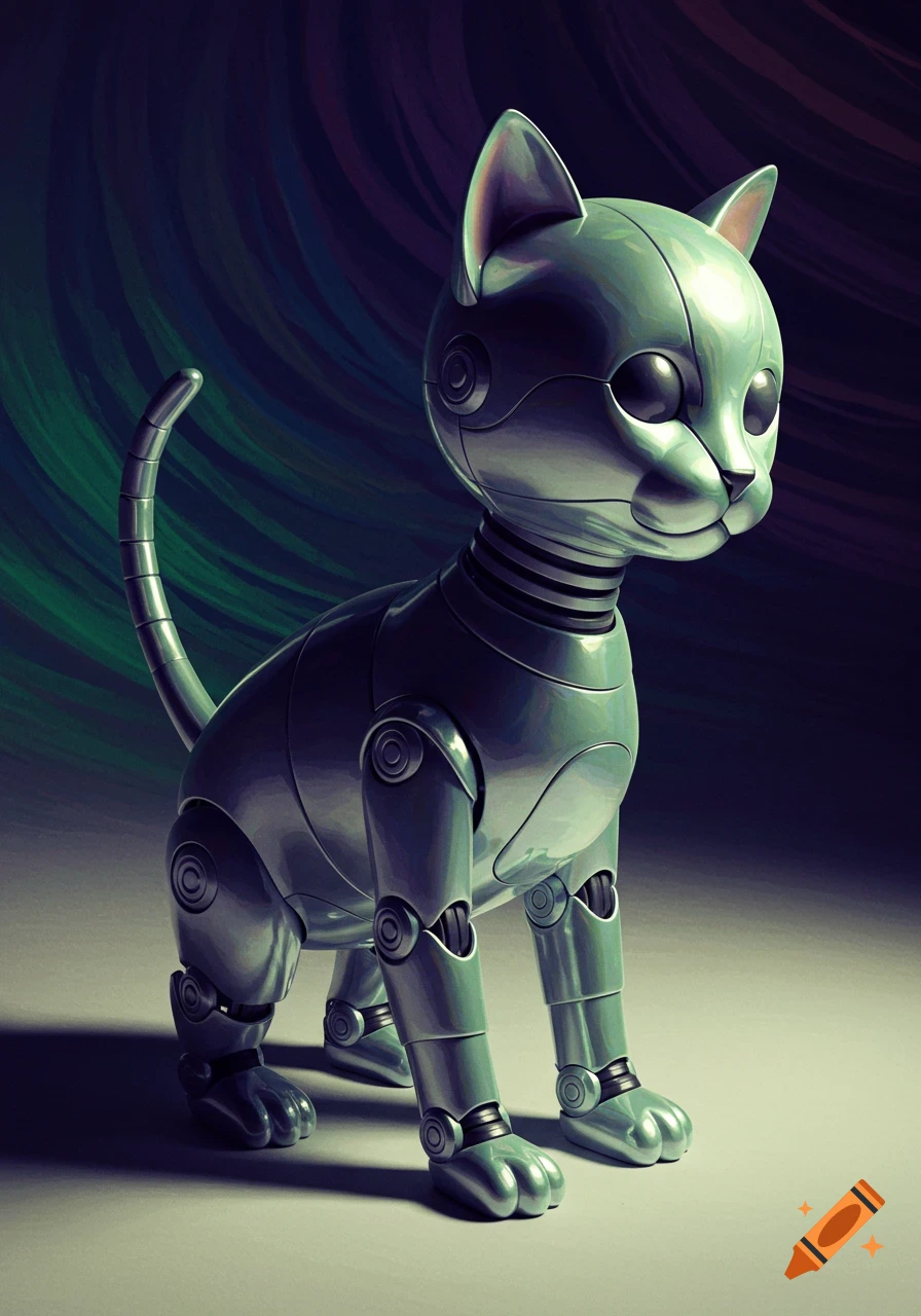 A metallic iridescent robot kitten with large dark eyes stands against a dark background with green and purple brushstrokes.